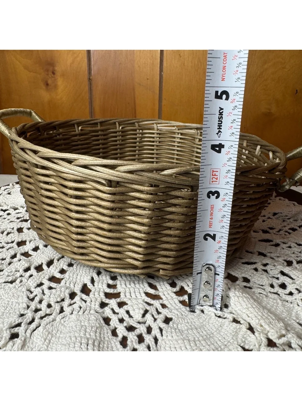 Round Woven Basket With Handles Antiqued Gold Wicker Farmhouse Centerpiece